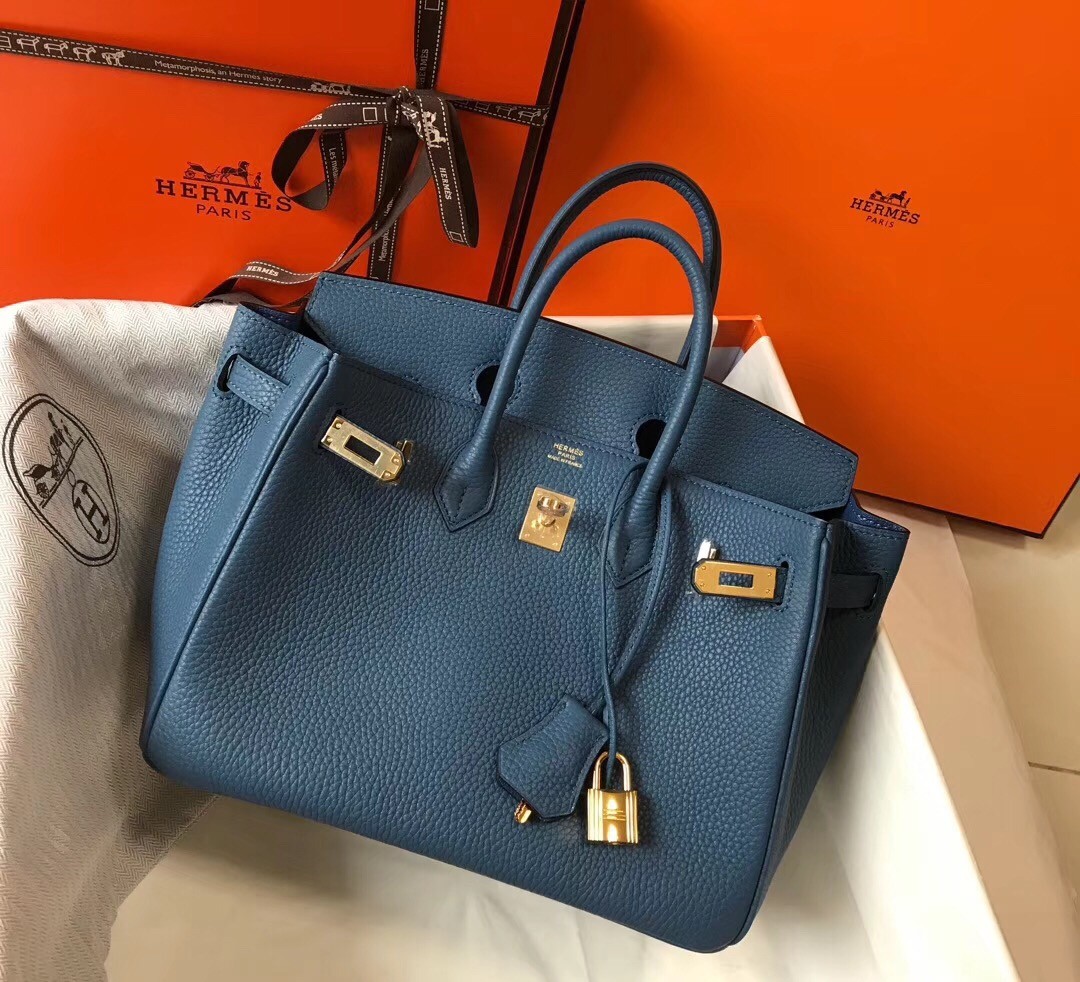 H**mes birkin 25cm bag in blue agate clemence leather