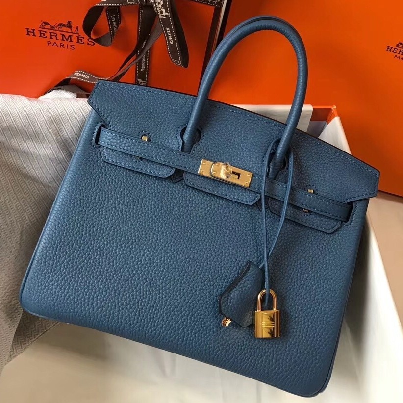 H**mes birkin 25cm bag in blue agate clemence leather