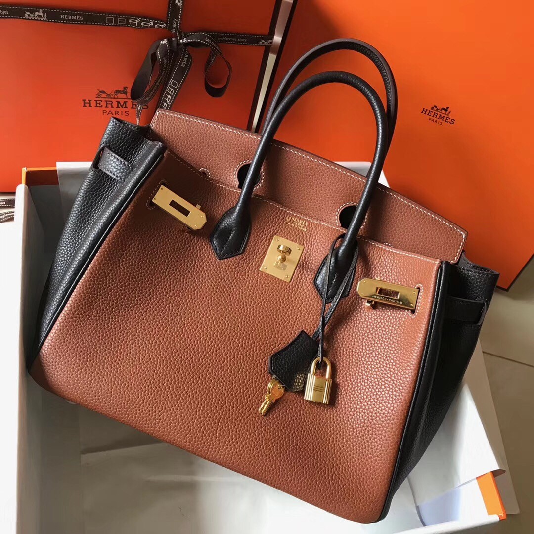 H**mes bi-color birkin 30cm bag in brown/black clemence leather