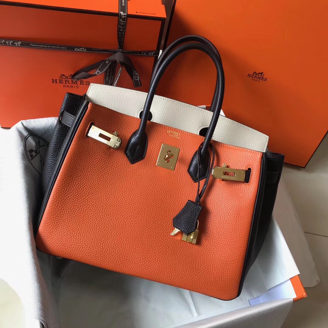 H**mes tri-color birkin 30cm bag in orange/white/black clemence leather