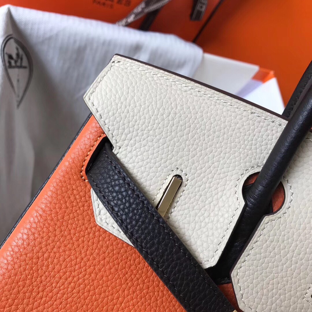 H**mes tri-color birkin 30cm bag in orange/white/black clemence leather