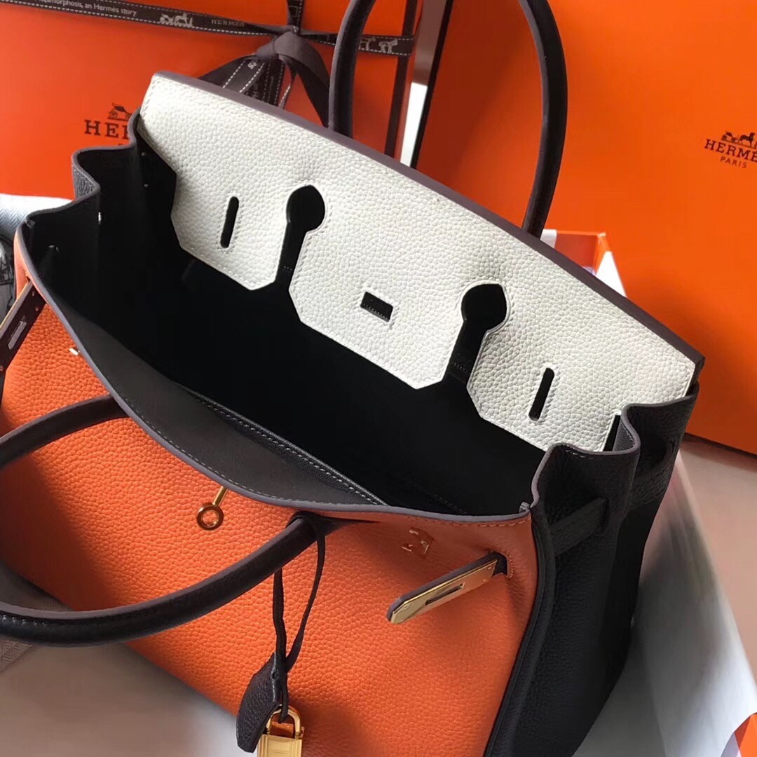 H**mes tri-color birkin 30cm bag in orange/white/black clemence leather