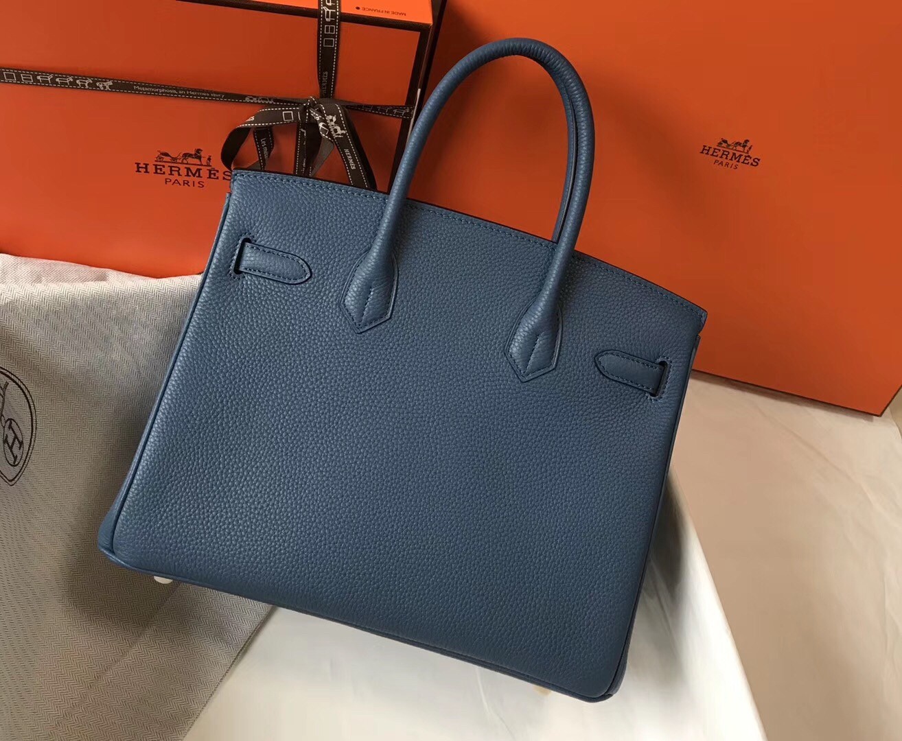 H**mes birkin 30cm bag in blue agate clemence leather