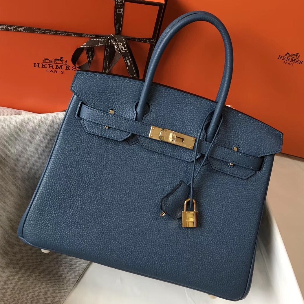 H**mes birkin 30cm bag in blue agate clemence leather