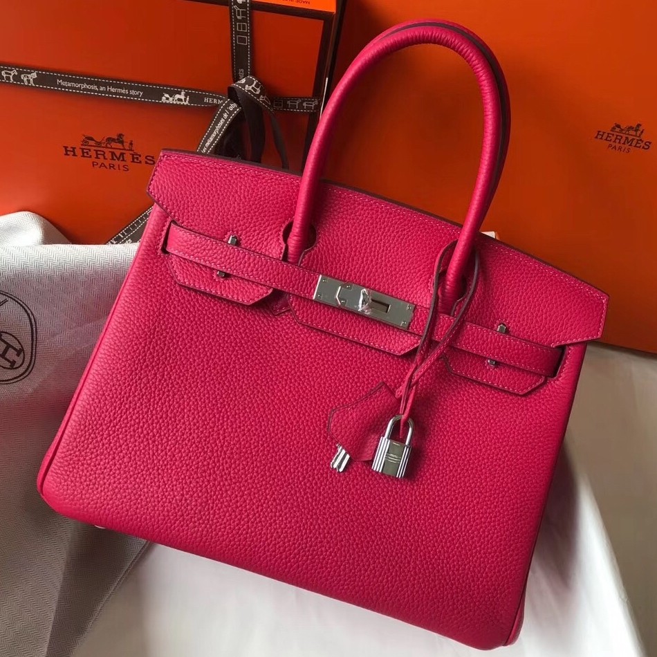 H**mes birkin 30cm bag in rose red clemence leather