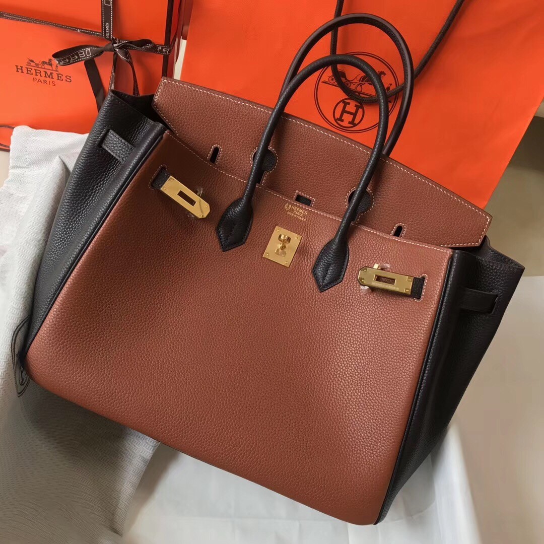 H**mes bi-color birkin 35cm bag in brown/black clemence leather