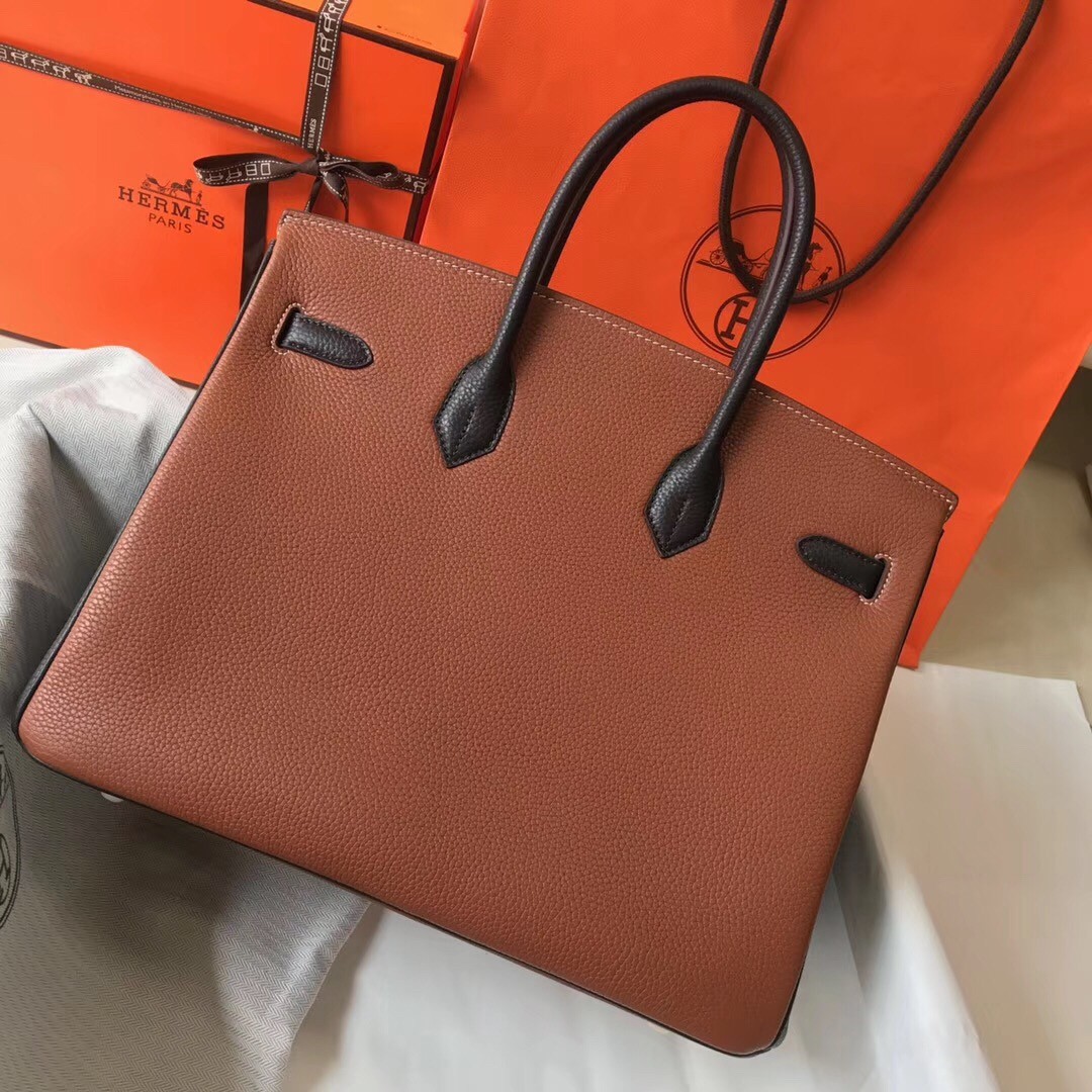 H**mes bi-color birkin 35cm bag in brown/black clemence leather
