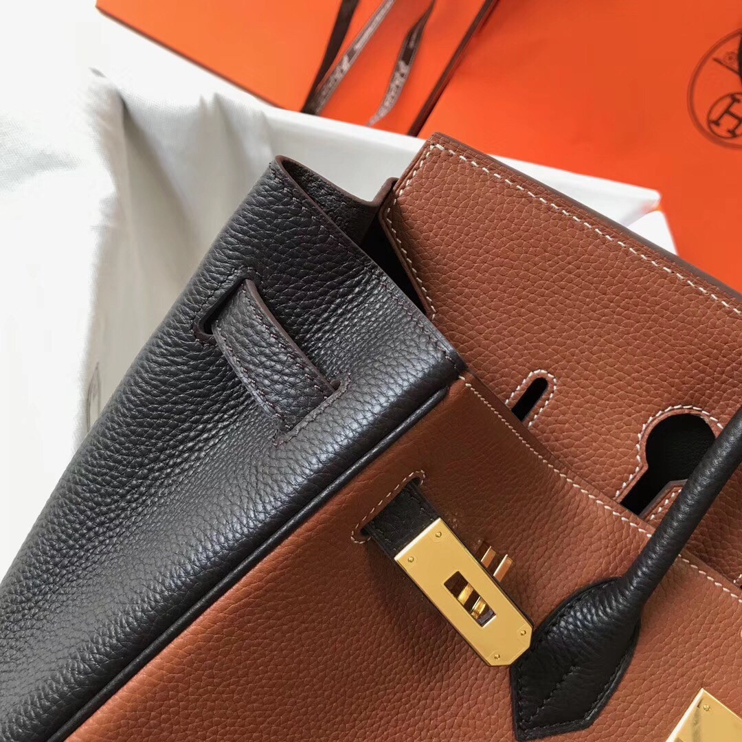 H**mes bi-color birkin 35cm bag in brown/black clemence leather
