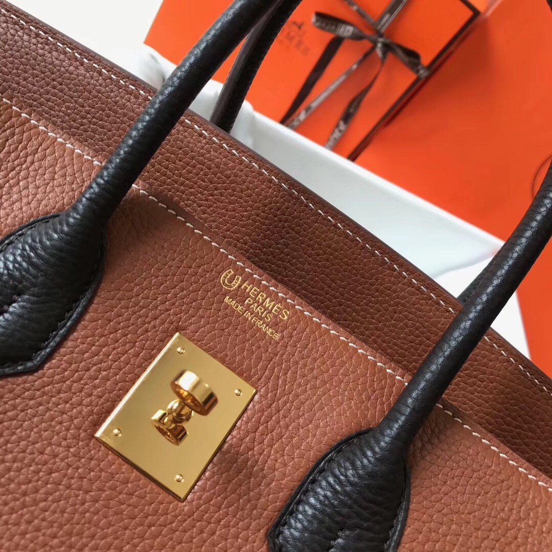 H**mes bi-color birkin 35cm bag in brown/black clemence leather