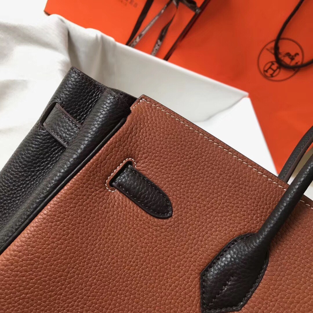 H**mes bi-color birkin 35cm bag in brown/black clemence leather