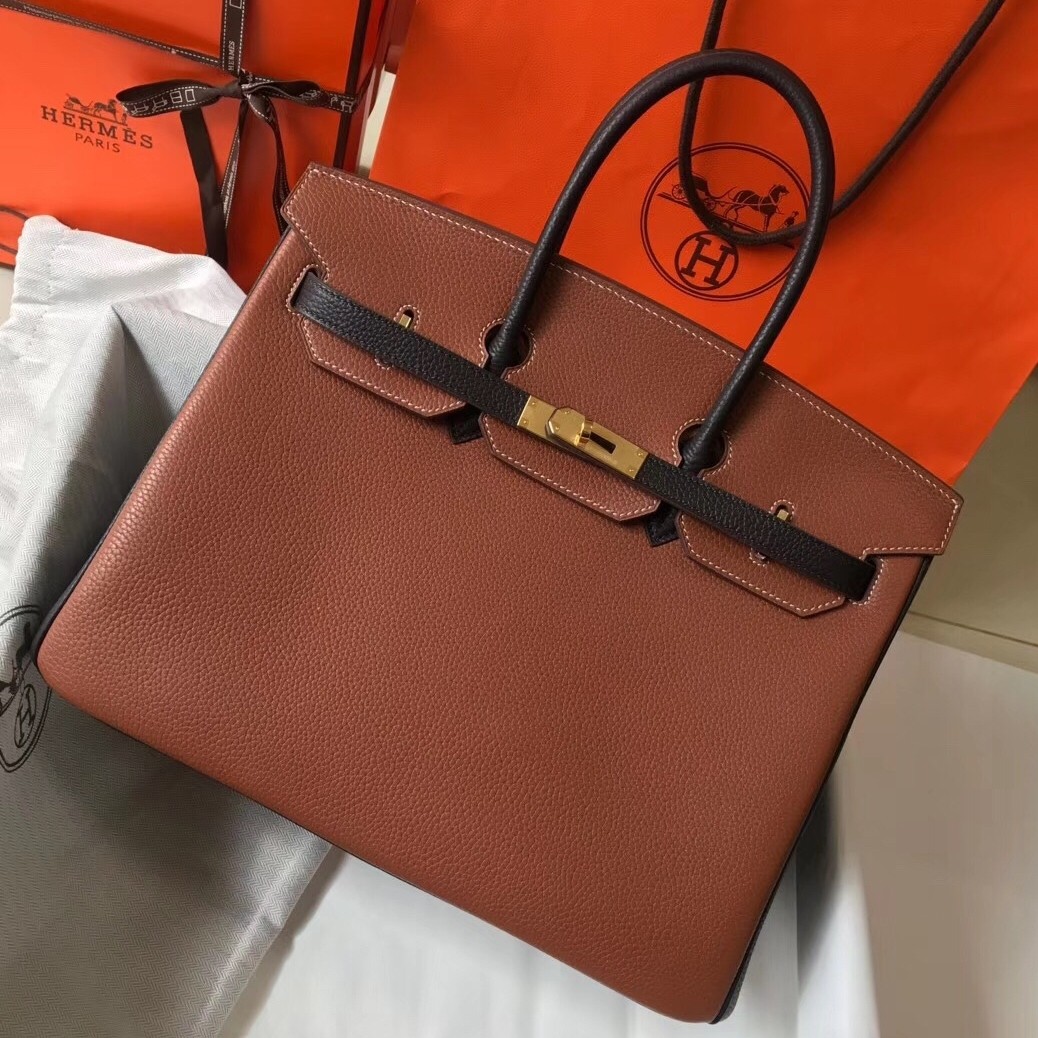 H**mes bi-color birkin 35cm bag in brown/black clemence leather