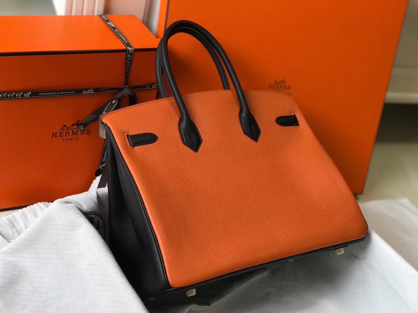 H**mes tri-color birkin 35cm bag in orange/white/black clemence leather