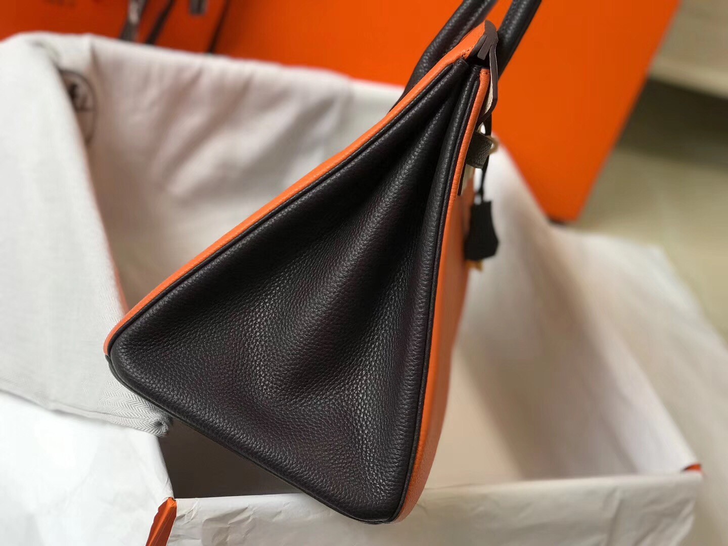 H**mes tri-color birkin 35cm bag in orange/white/black clemence leather