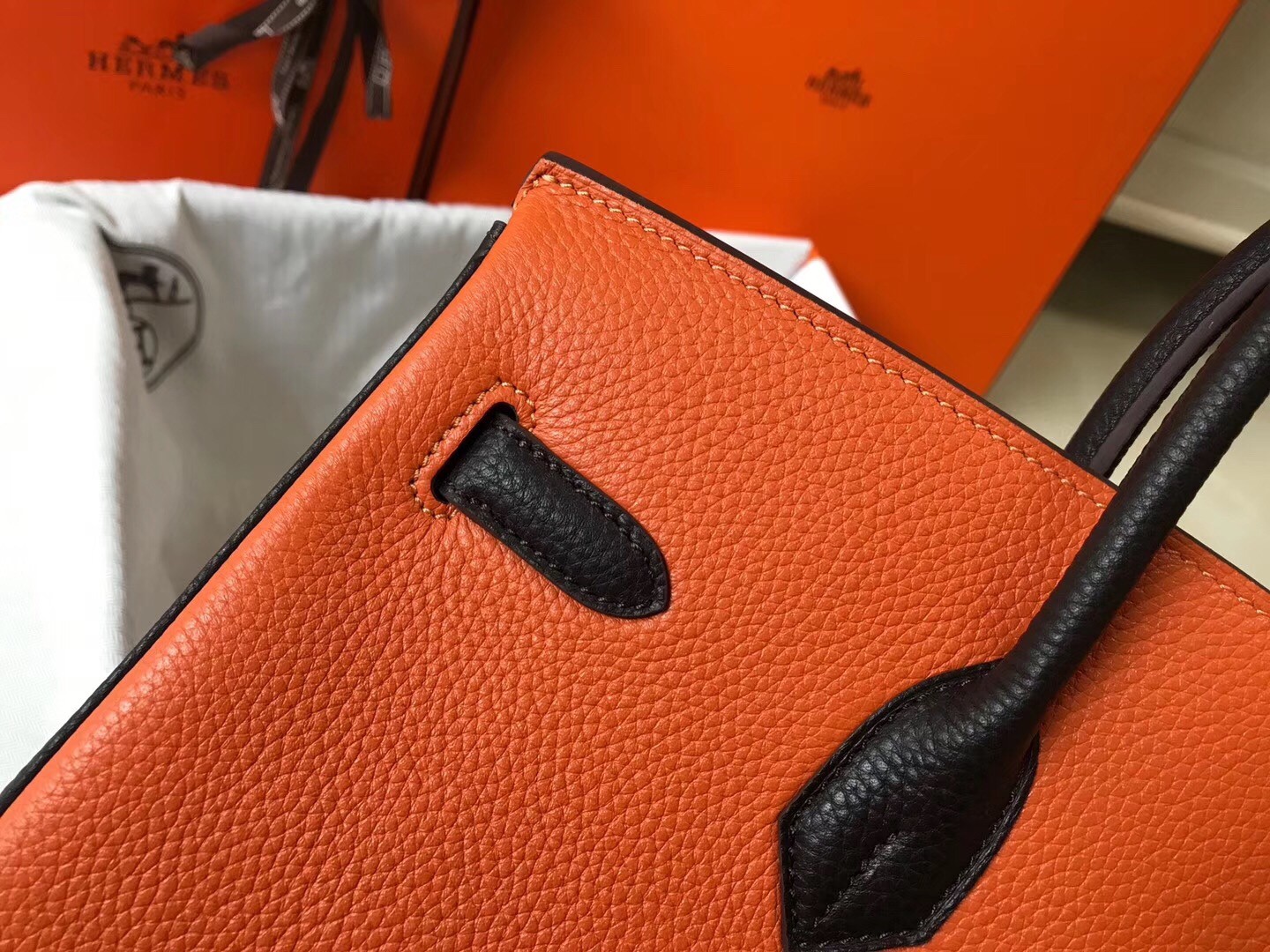 H**mes tri-color birkin 35cm bag in orange/white/black clemence leather