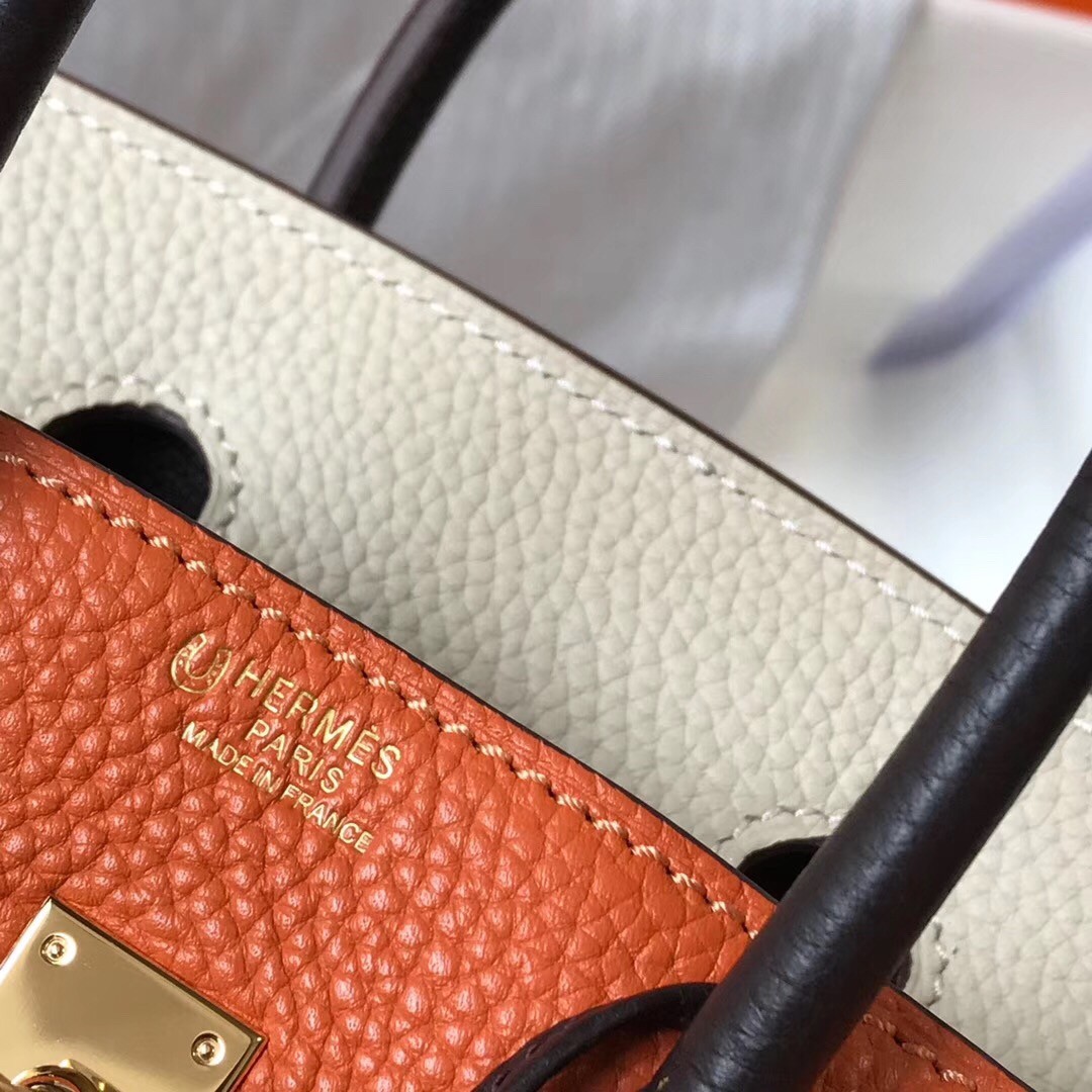 H**mes tri-color birkin 35cm bag in orange/white/black clemence leather