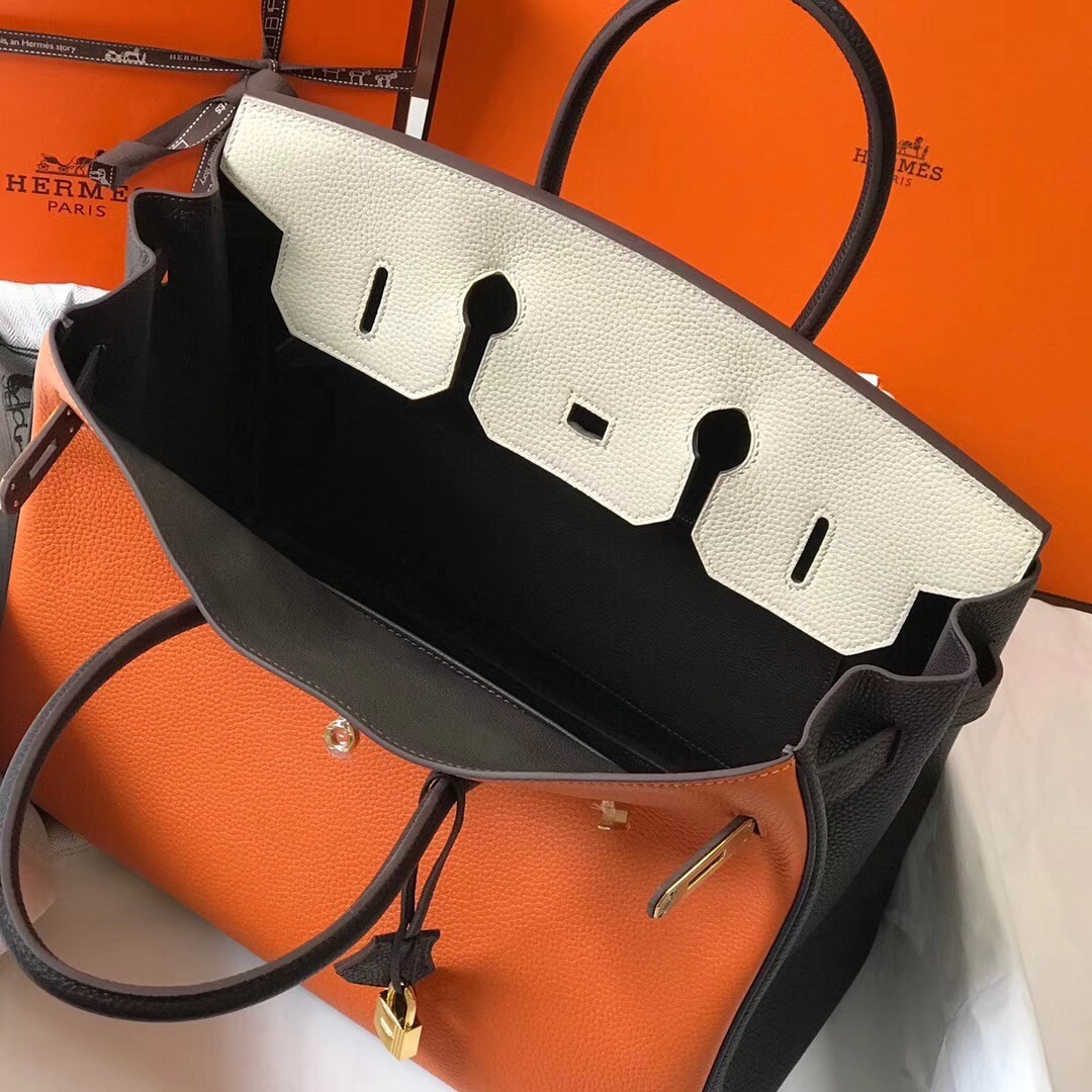 H**mes tri-color birkin 35cm bag in orange/white/black clemence leather