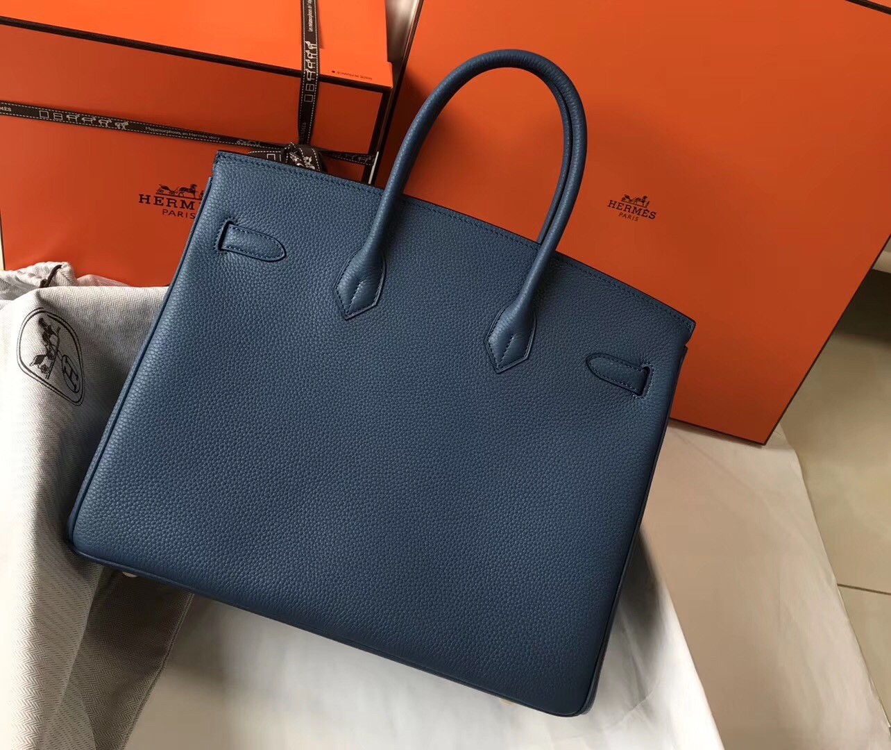 H**mes birkin 35cm bag in blue agate clemence leather