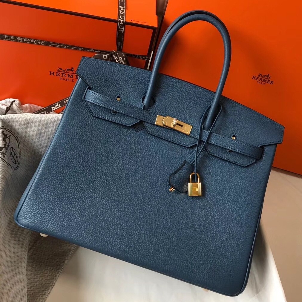 H**mes birkin 35cm bag in blue agate clemence leather