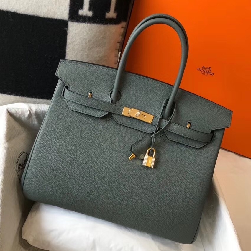 H**mes birkin 35cm bag in vert amande clemence leather