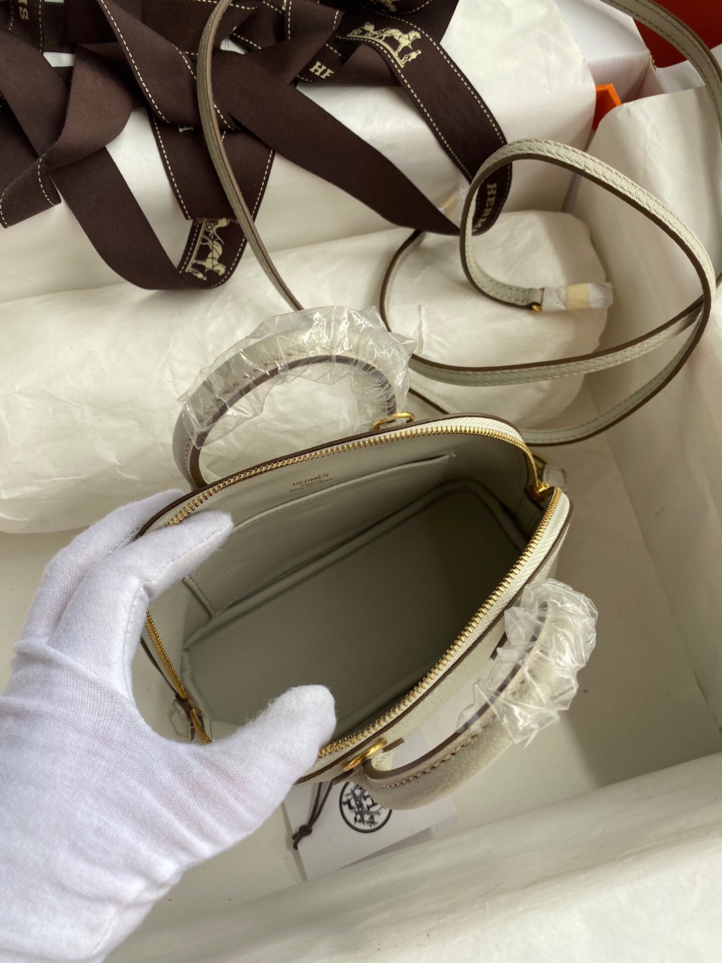 H**mes bolide 1923 mini handmade bag in pearl grey chevre mysore leather
