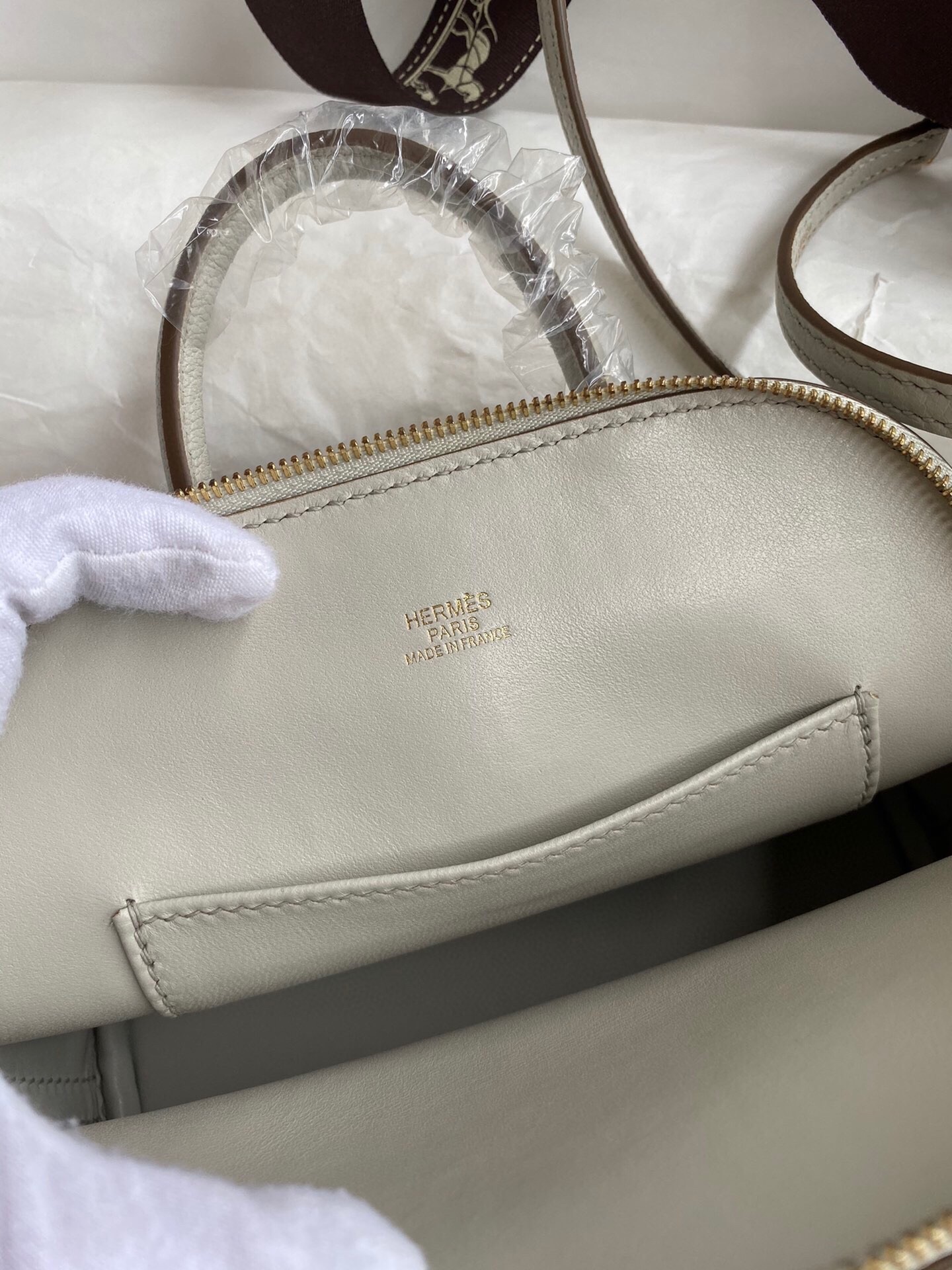 H**mes bolide 1923 mini handmade bag in pearl grey chevre mysore leather