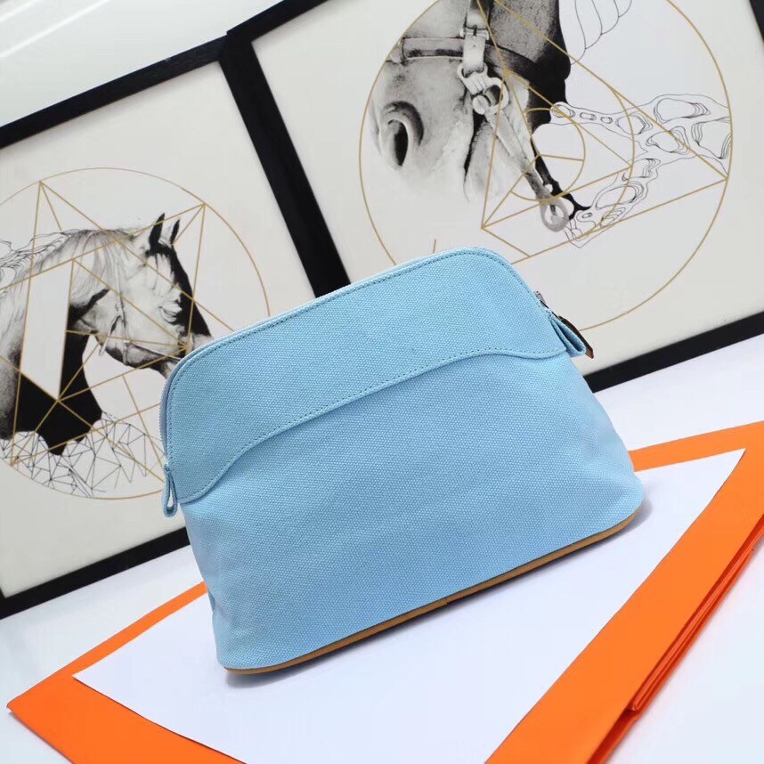 H**mes medium bolide travel case in blue lin cotton