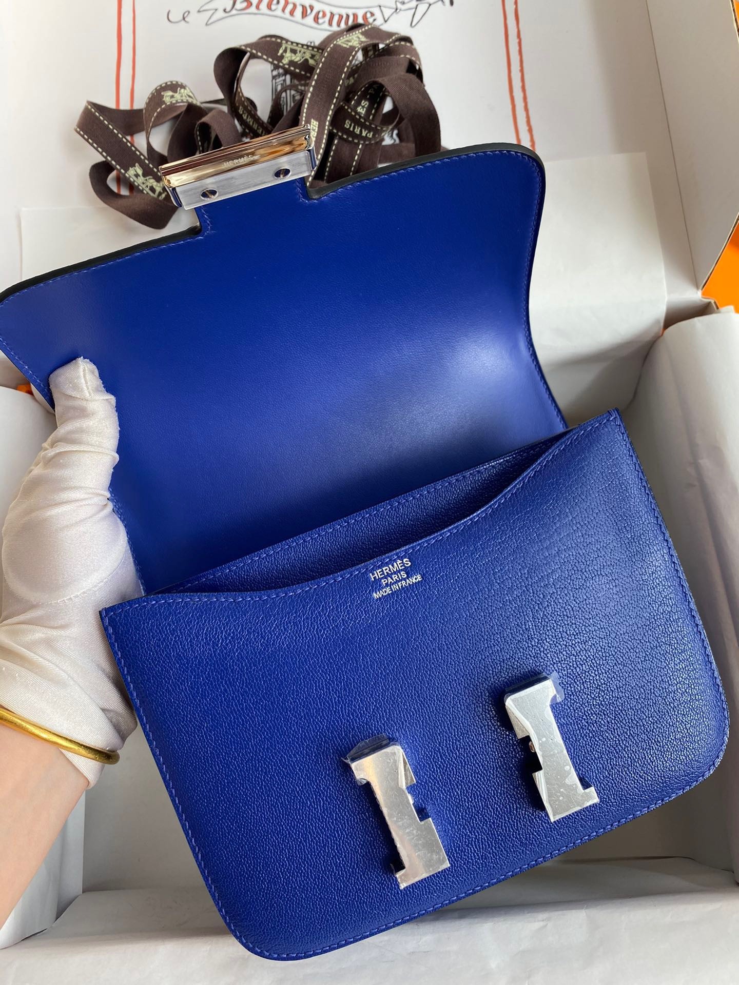 H**mes constance 18 handmade bag in blue electric chevre mysore leather