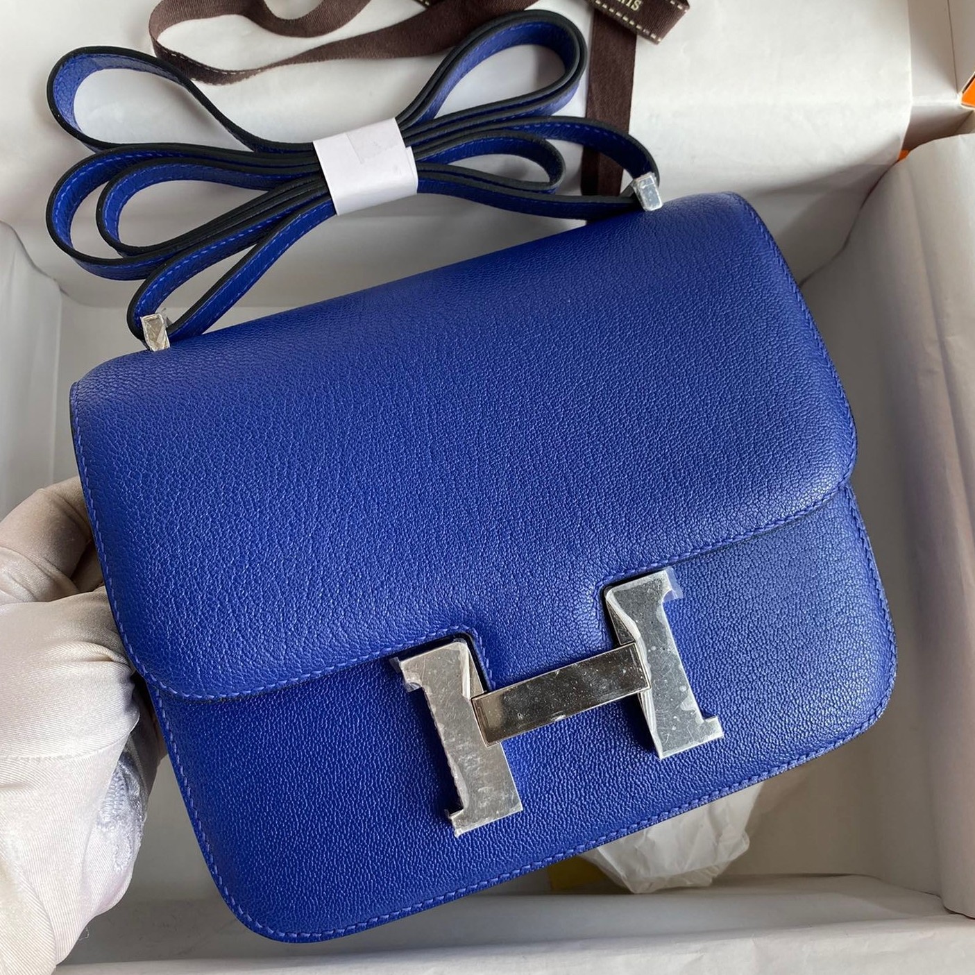 H**mes constance 18 handmade bag in blue electric chevre mysore leather