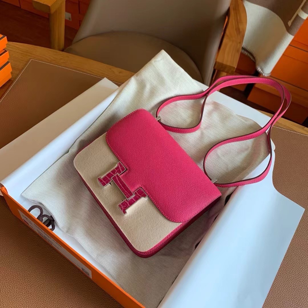 H**mes constance enamel 18 handmade bag in rose mexico epsom calfskin