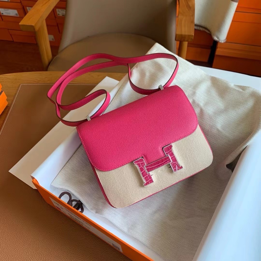 H**mes constance enamel 18 handmade bag in rose mexico epsom calfskin