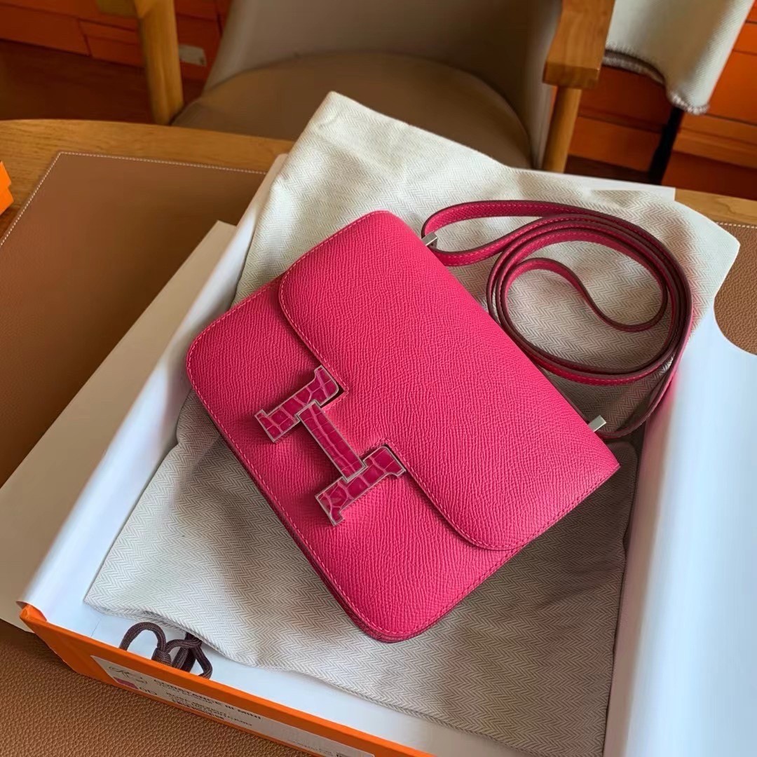 H**mes constance enamel 18 handmade bag in rose mexico epsom calfskin