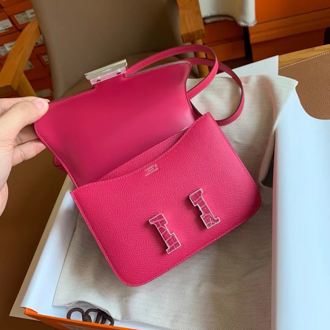 H**mes constance enamel 18 handmade bag in rose mexico epsom calfskin