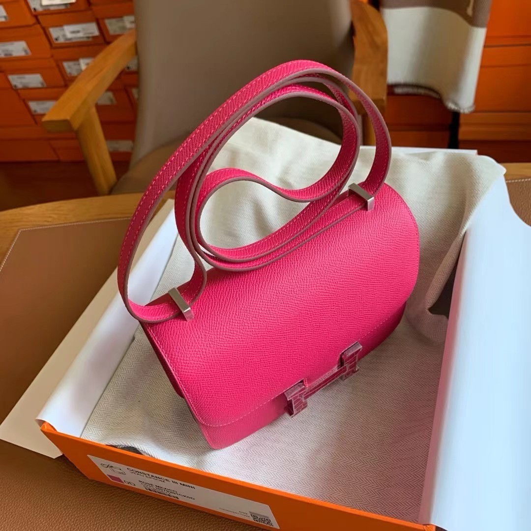 H**mes constance enamel 18 handmade bag in rose mexico epsom calfskin