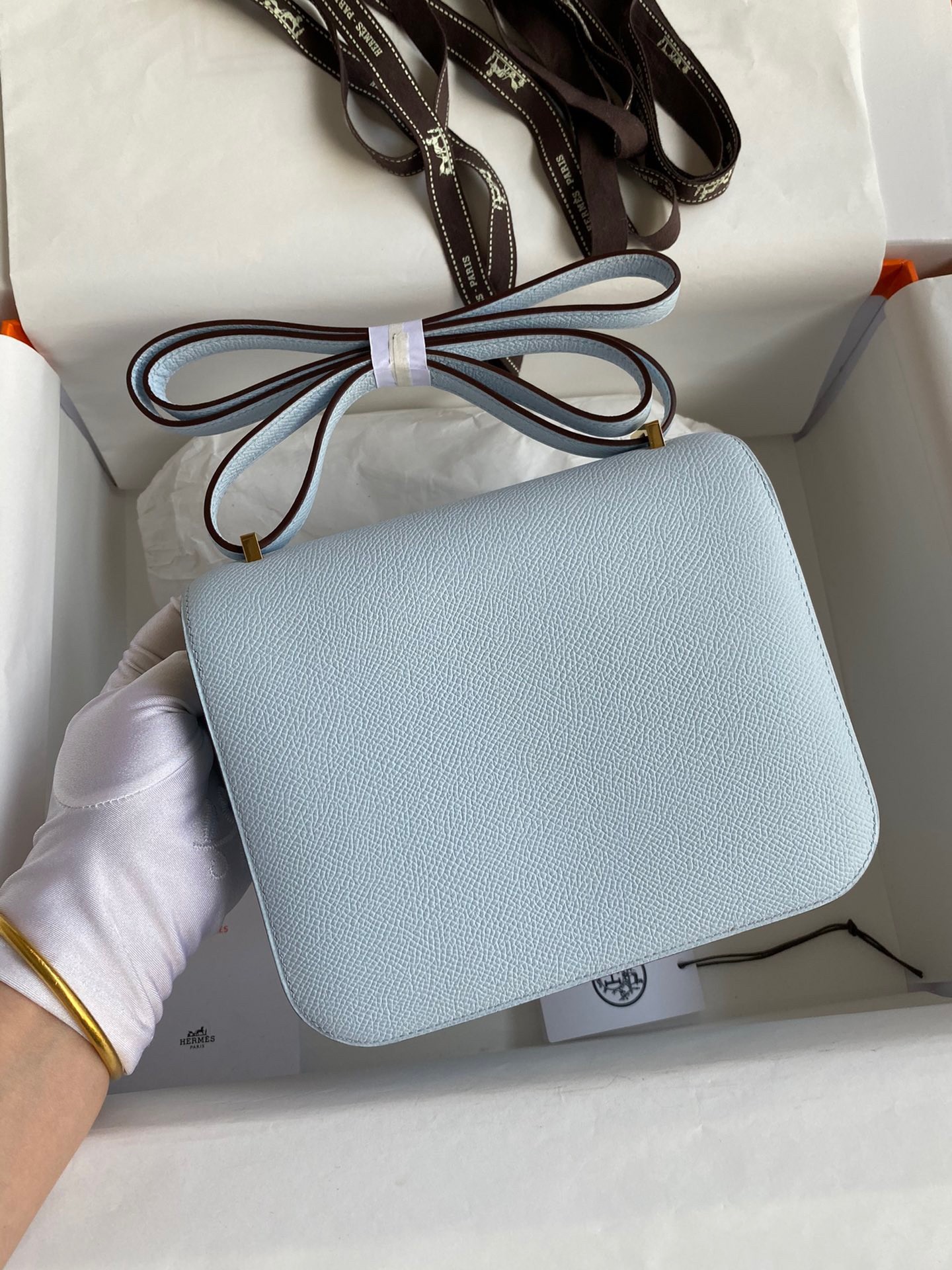 H**mes constance 18 handmade bag in blue brume epsom calfskin