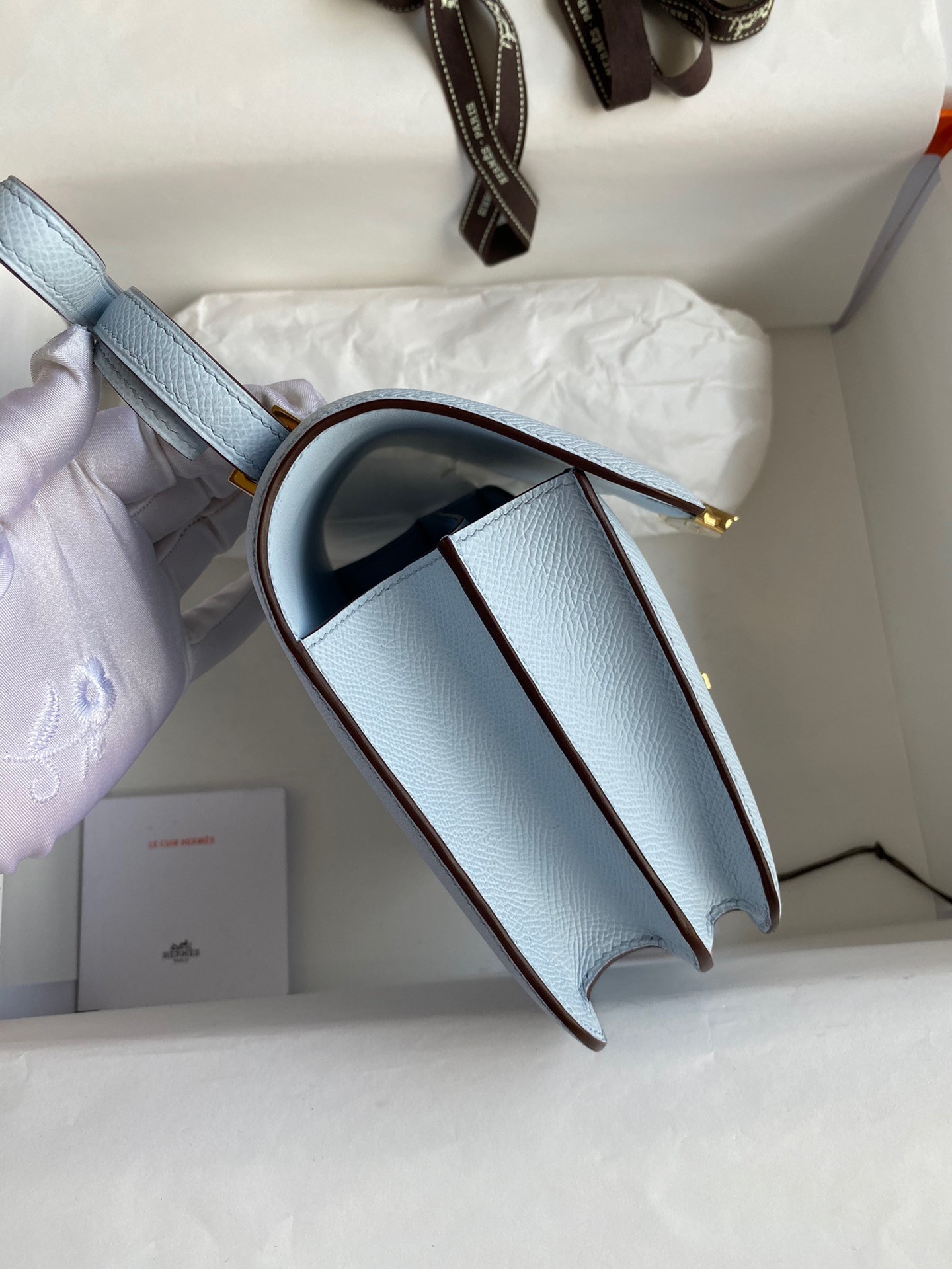 H**mes constance 18 handmade bag in blue brume epsom calfskin