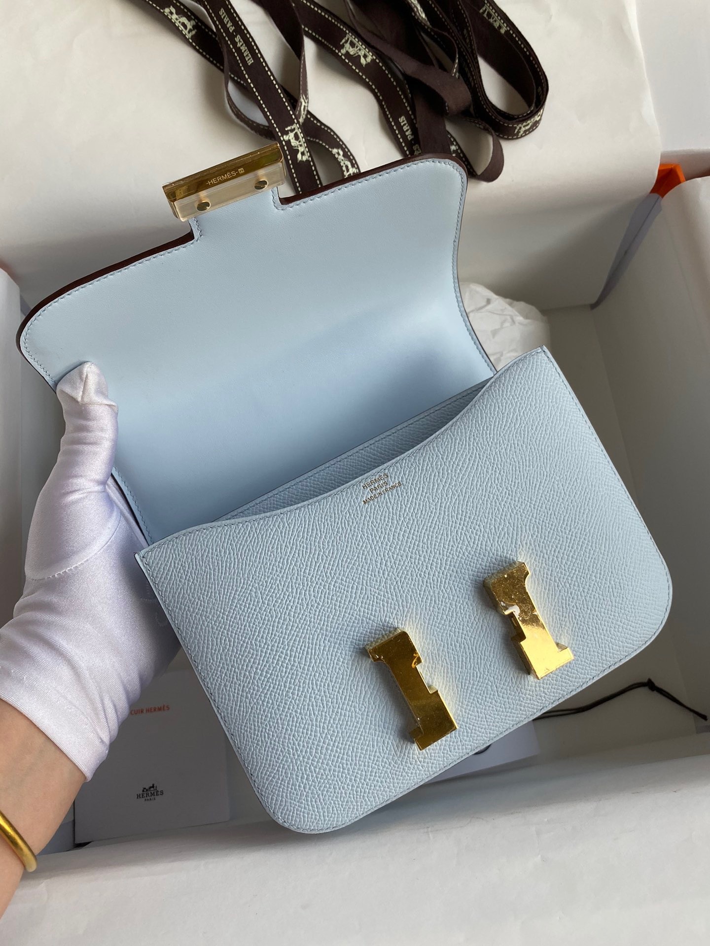 H**mes constance 18 handmade bag in blue brume epsom calfskin