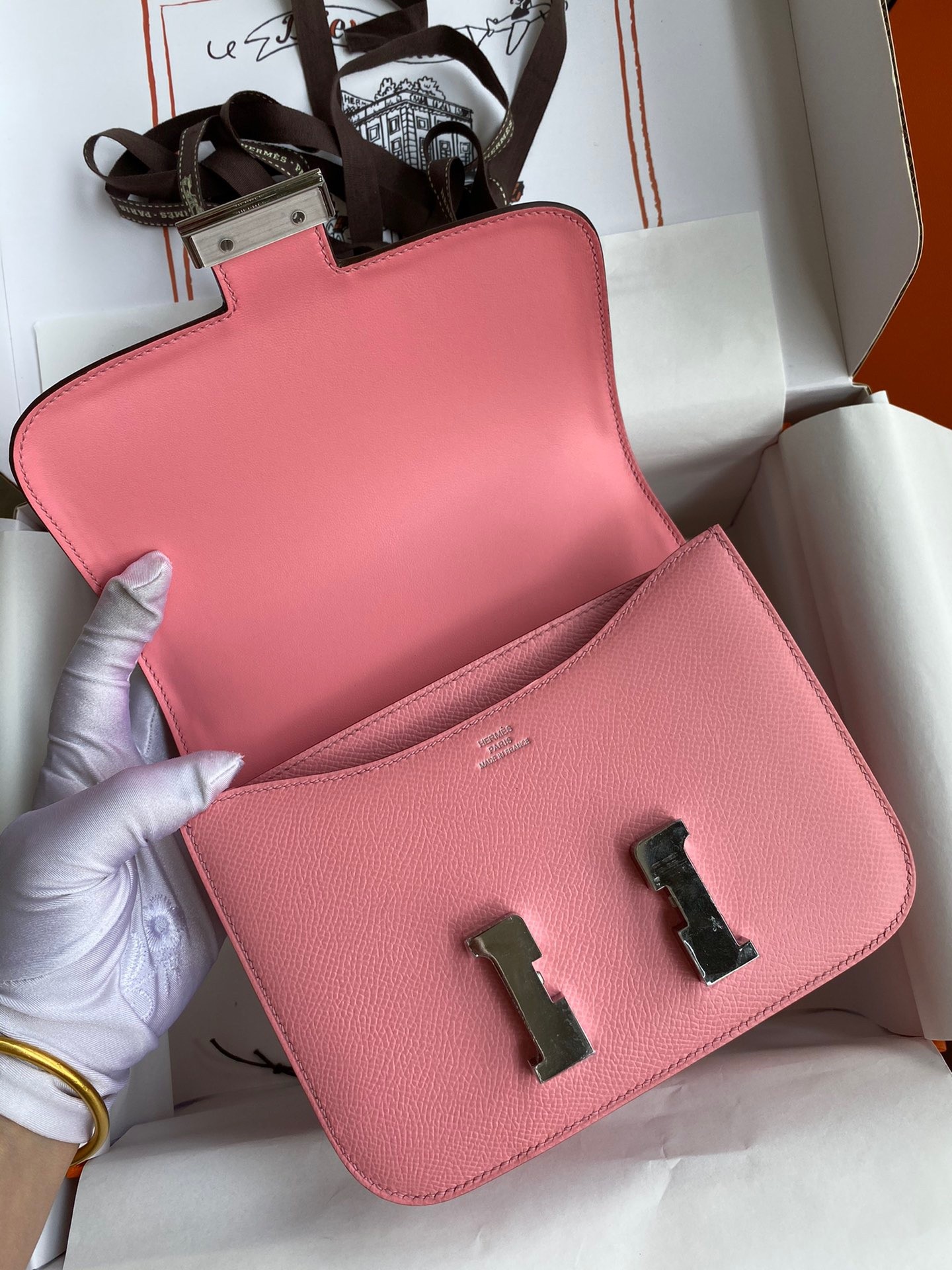 H**mes constance 18 handmade bag in rose confetti epsom calfskin