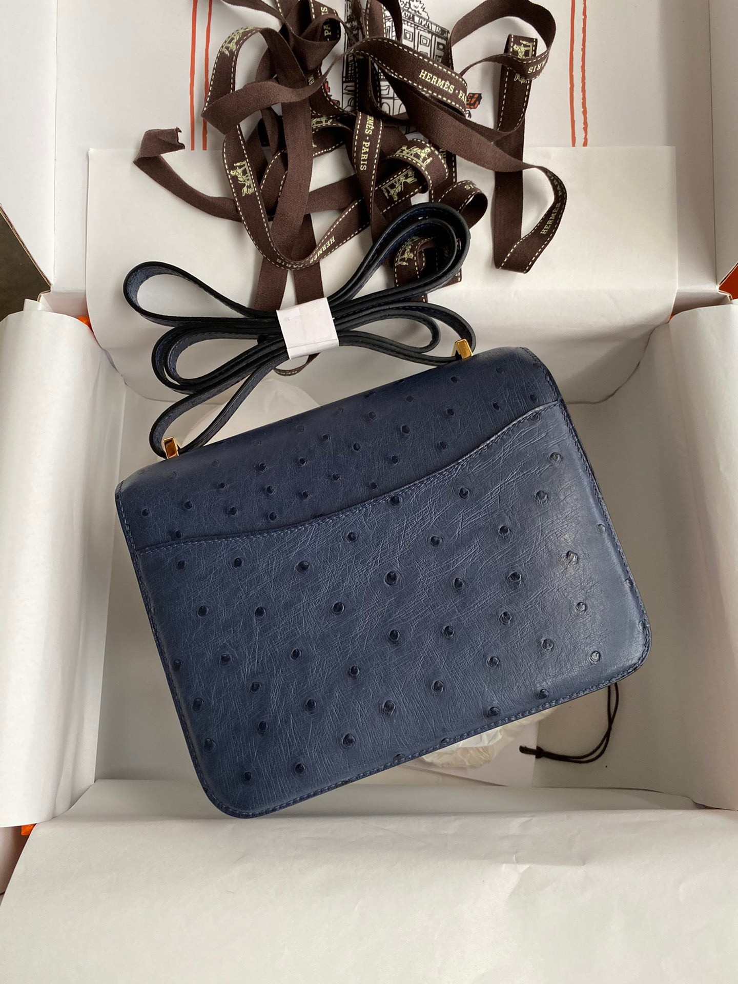 H**mes constance 18 handmade bag in blue iris ostrich leather