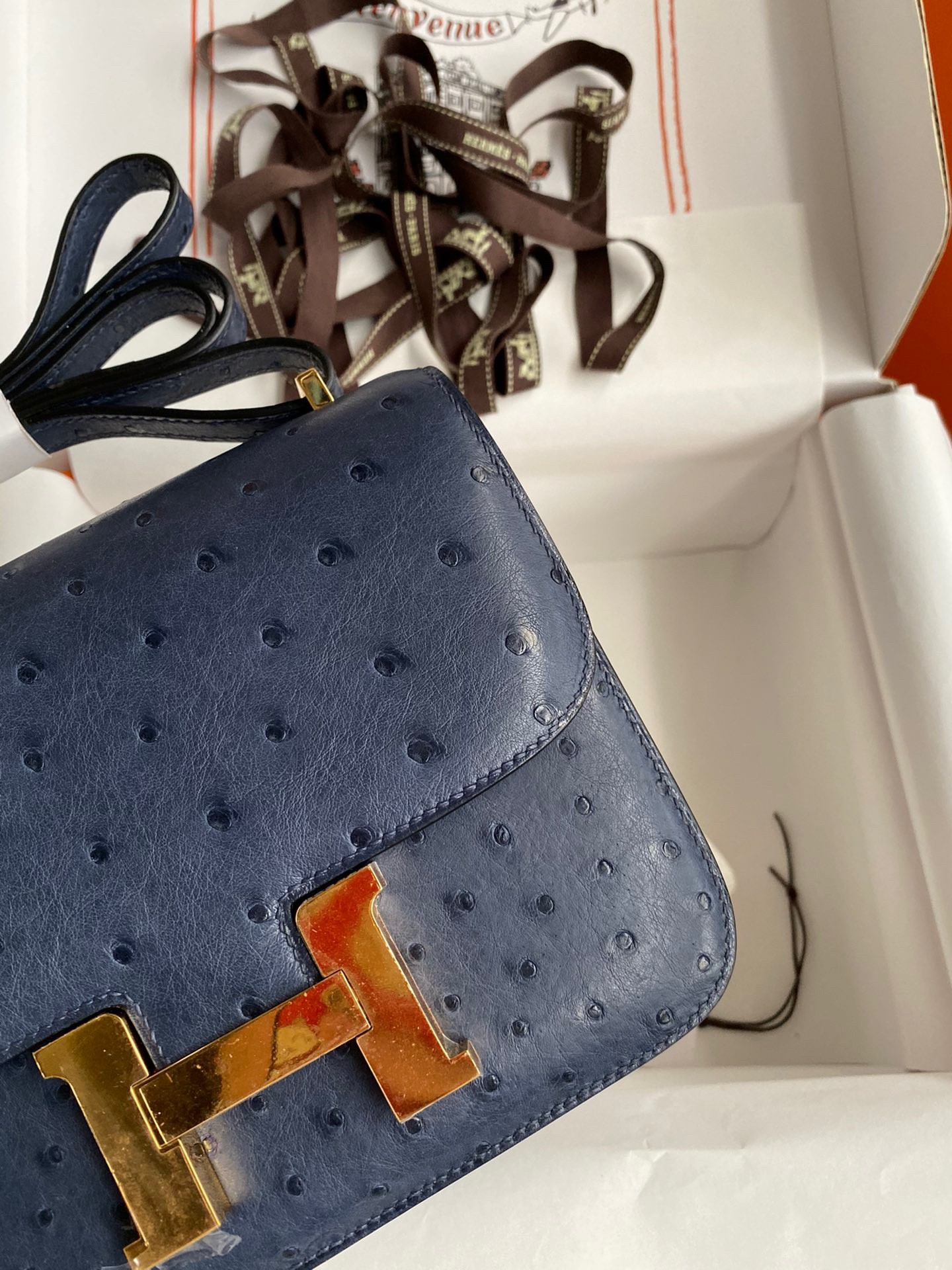 H**mes constance 18 handmade bag in blue iris ostrich leather