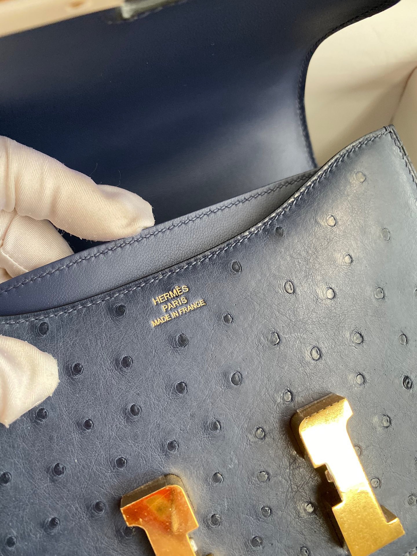 H**mes constance 18 handmade bag in blue iris ostrich leather