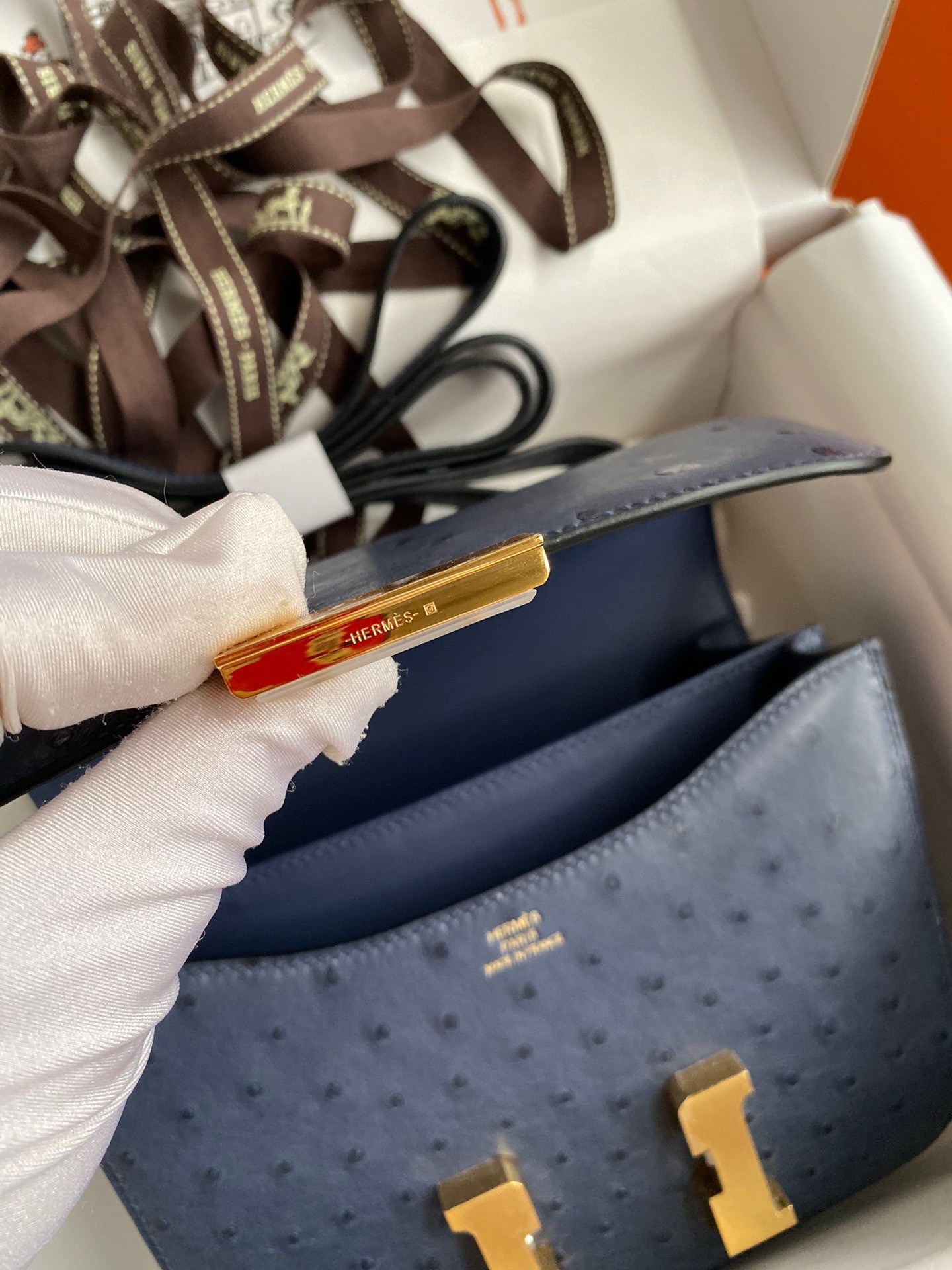 H**mes constance 18 handmade bag in blue iris ostrich leather