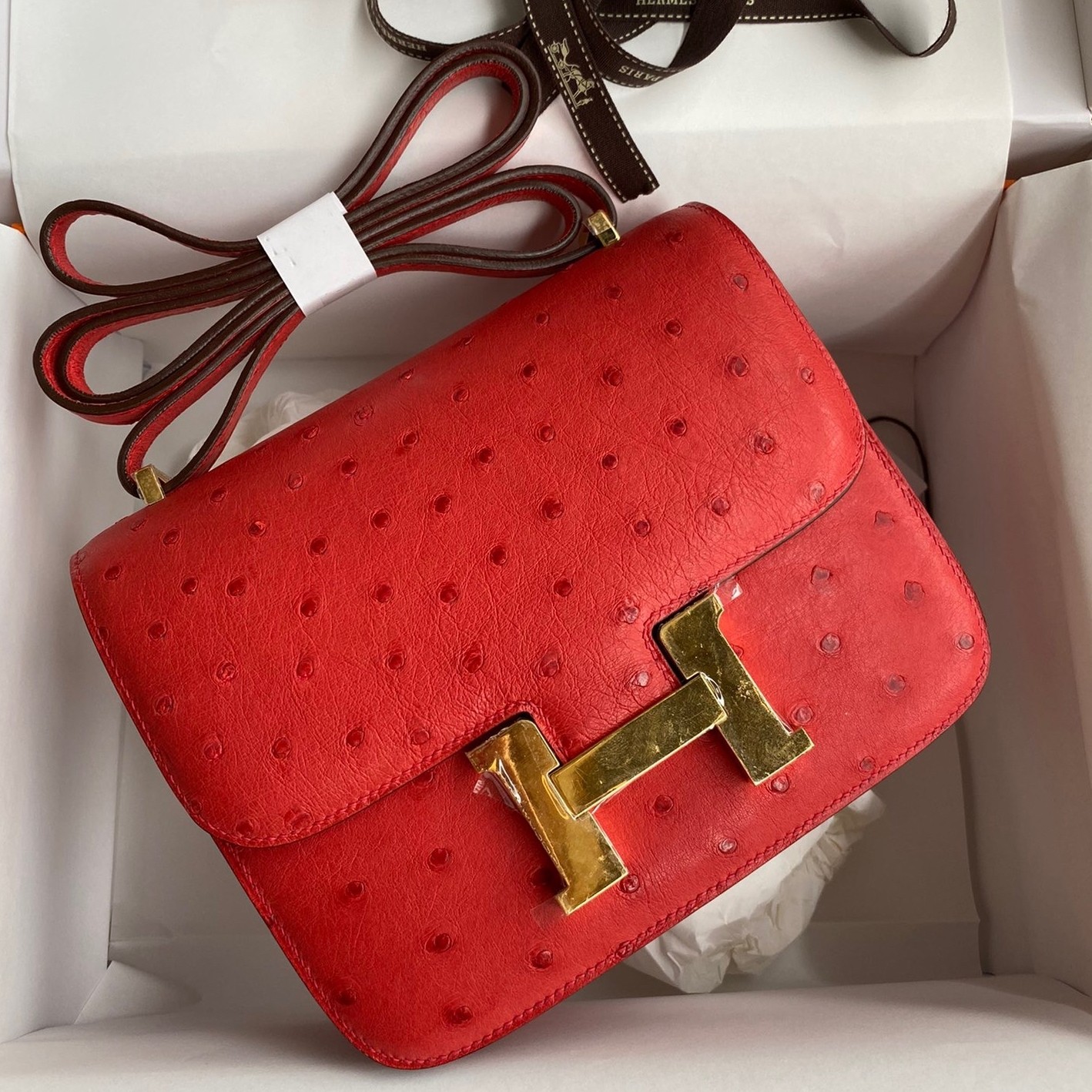H**mes constance 18 handmade bag in red ostrich leather