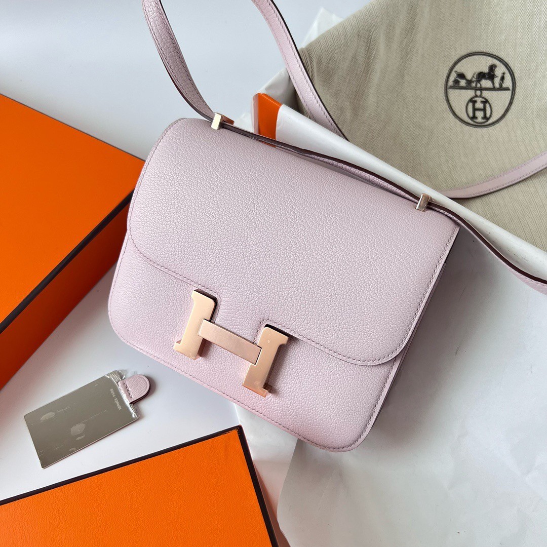 H**mes constance 1-18 mirror bag in mauve pale chevre mysore leather