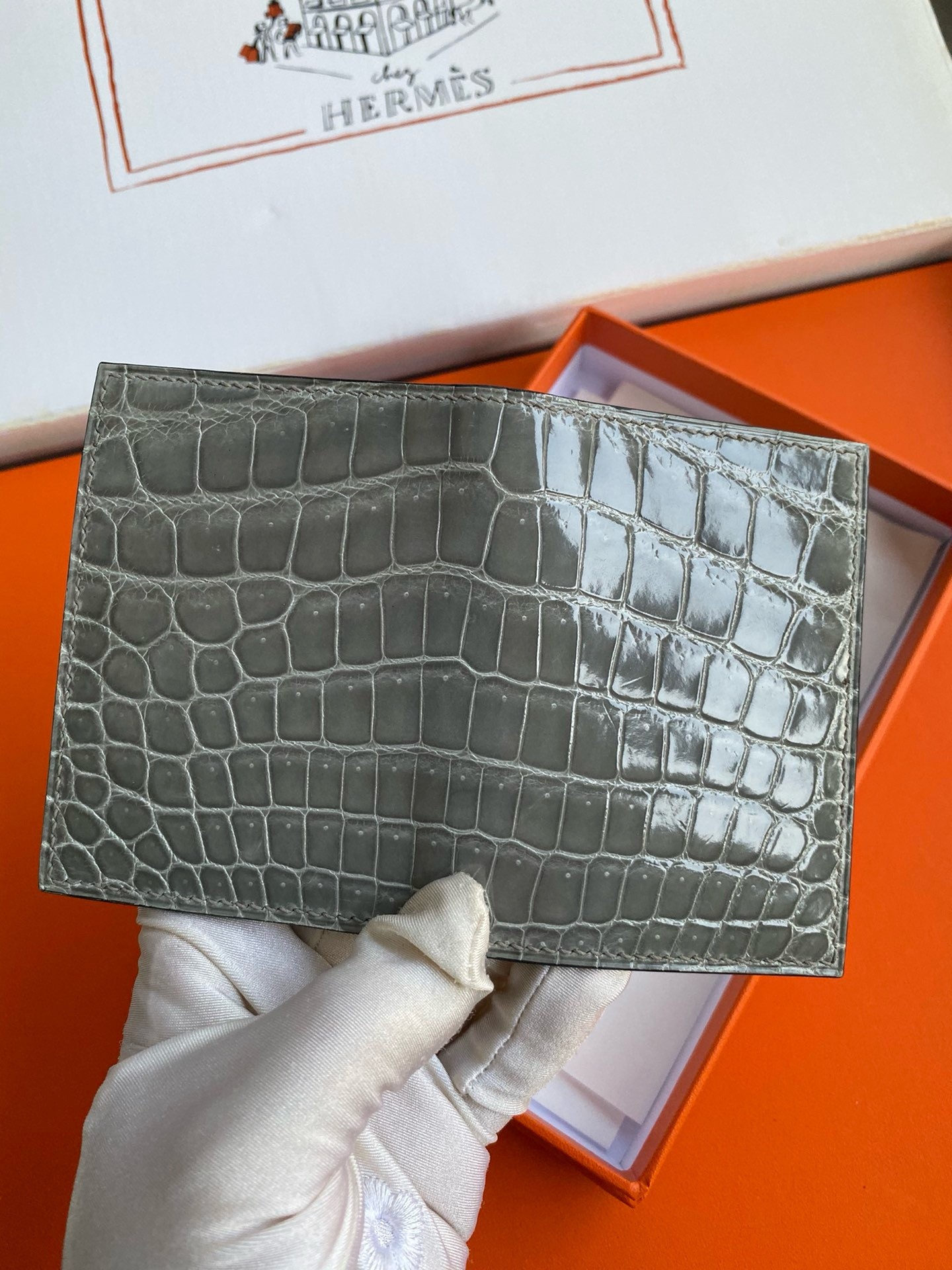 H**mes mc² euclide card holder in blue glacier shiny alligator leather