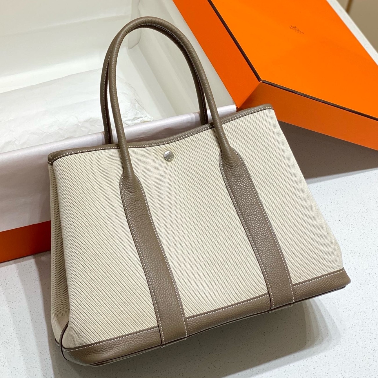 H**mes garden party 36cm bag in toile and taupe leather
