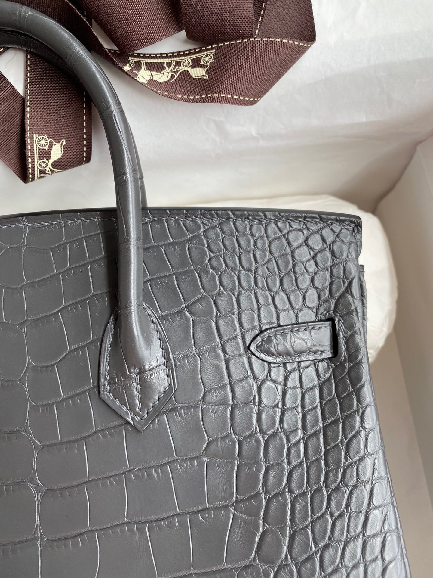H**mes birkin 25 retourne handmade bag in graphite matte alligator leather
