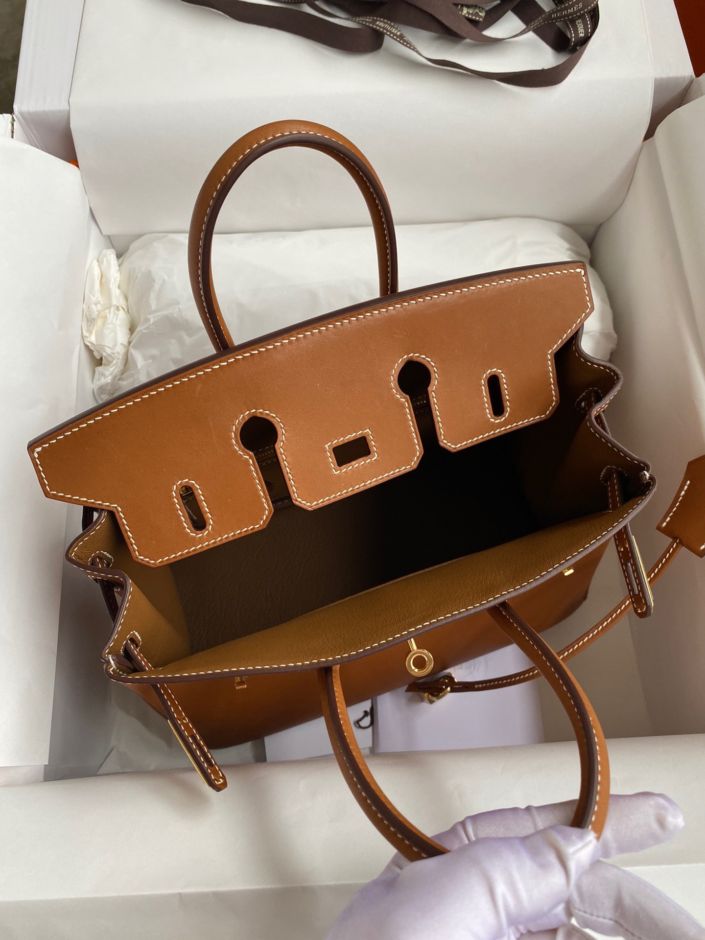 H**mes birkin 25 retourne handmade bag in gold barenia calfskin