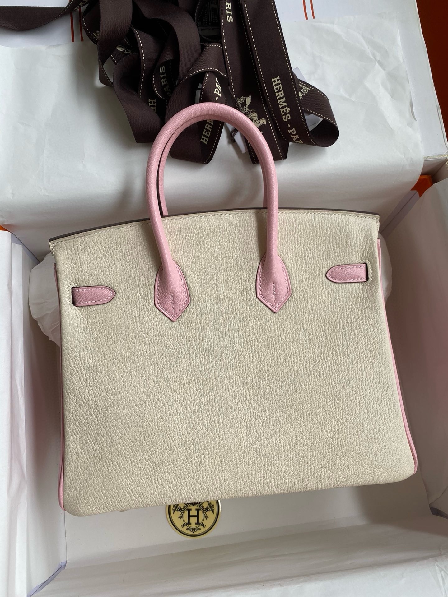 H**mes hss birkin 25 bicolor bag in craie and pink chevre mysore leather