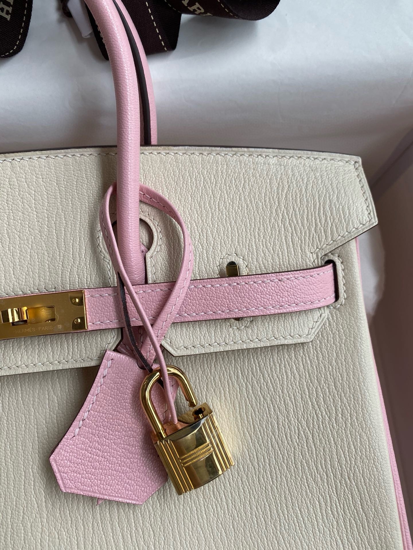 H**mes hss birkin 25 bicolor bag in craie and pink chevre mysore leather
