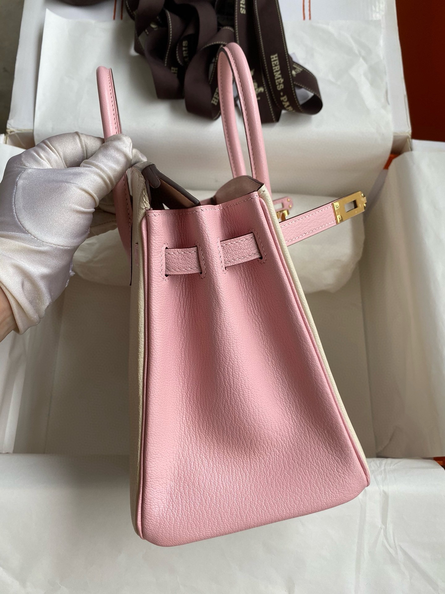 H**mes hss birkin 25 bicolor bag in craie and pink chevre mysore leather
